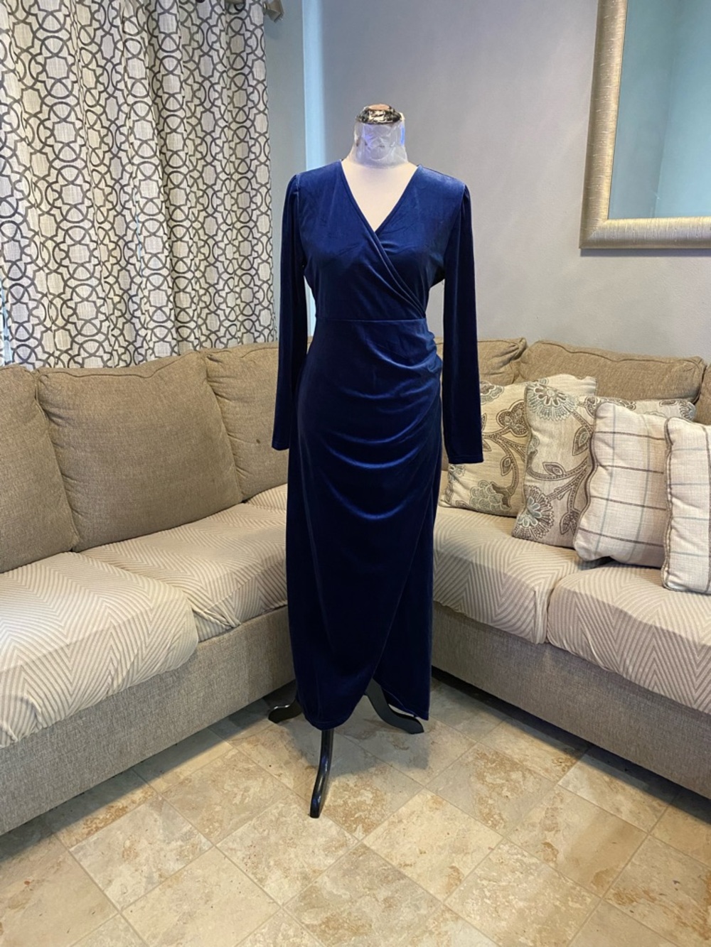 New Women Large  long v-neck velvet dress in imperial blue ,a draped & ruched